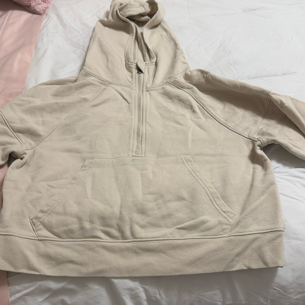 beige & blue half zip crew neck